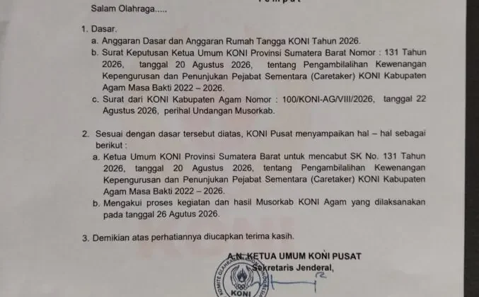 KONI Pusat Minta SK Caretaker Agam Dicabut, Hasil Musorkab Diakui