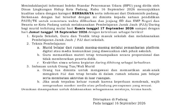 Kualitas Udara Berbahaya, Pemko Padang Perpanjang PJJ hingga 18 September 2026