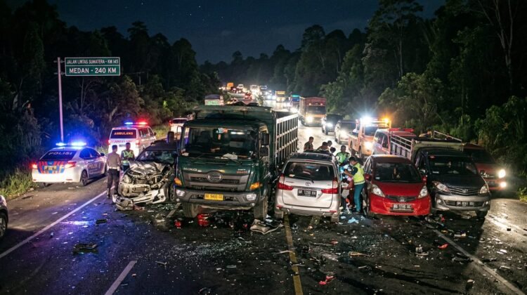 Truk Tronton Hantam Kijang dan Tiga Dump Truck di Dhamasraya, Ada Korban Jiwa